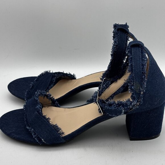 Ashley Stewart Blue Denim Fringe Block Heel Open Toe Sandals Buckle Strap Y2K 11 - Picture 5 of 6